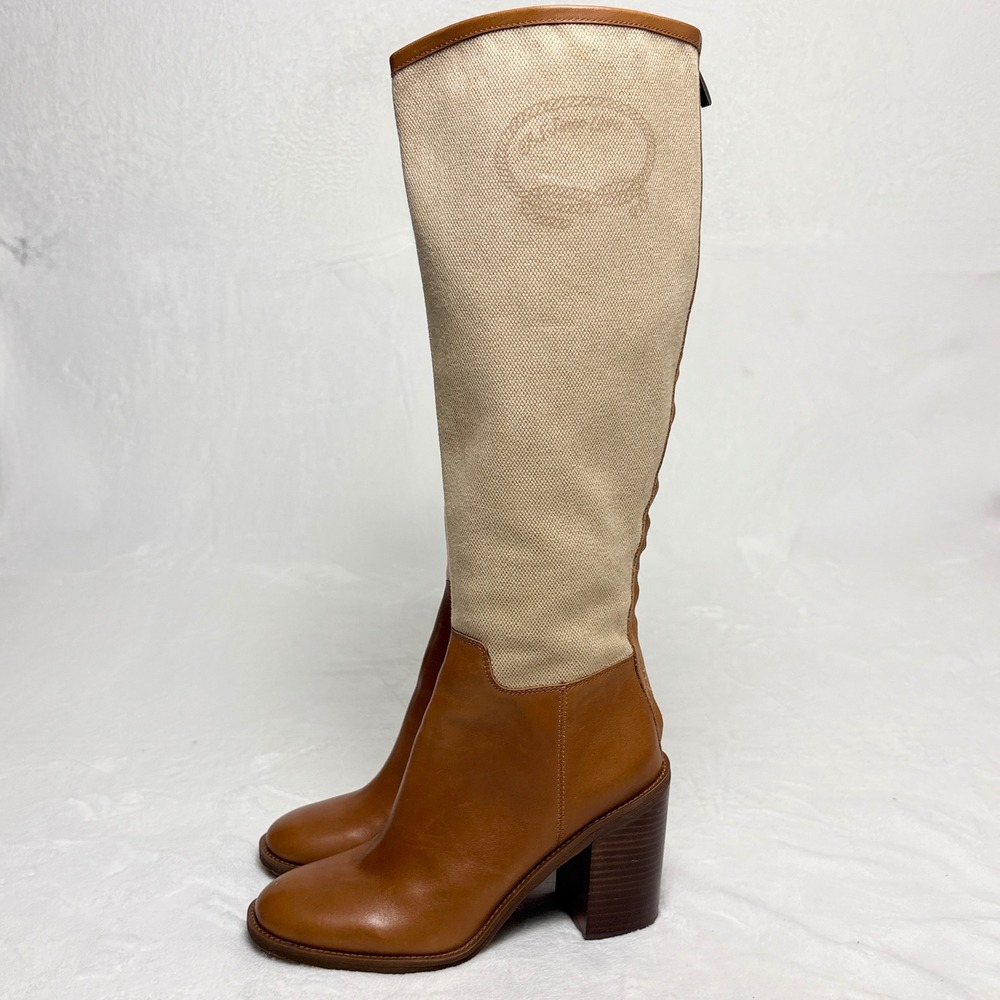 Franco Sarto Vintage Style Equestrian Canvas Leather Tall Block Heel Boots Sz 9